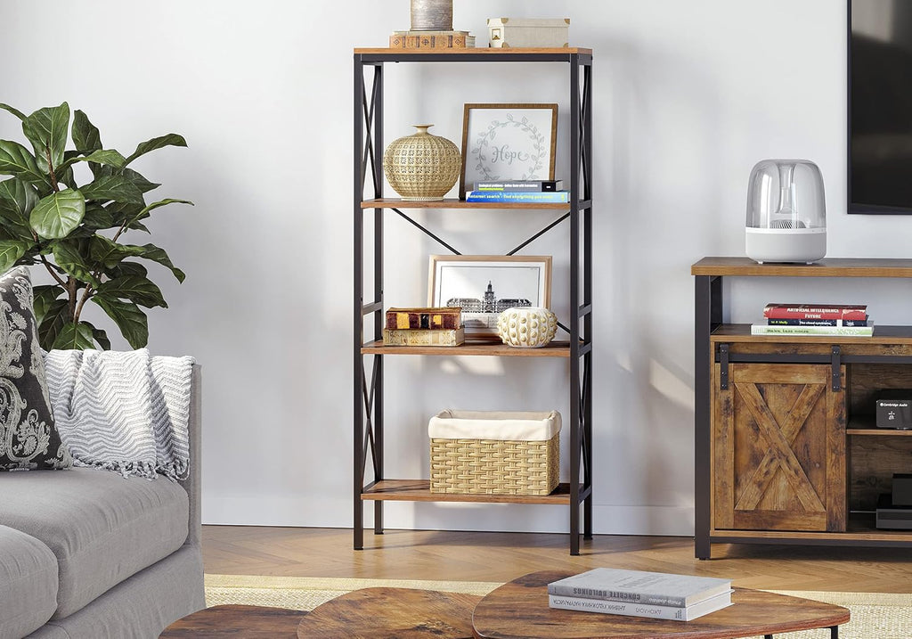 4 Tier Open Shelf Bookshelf with Steel Frame Rustic Brown and Black U85805