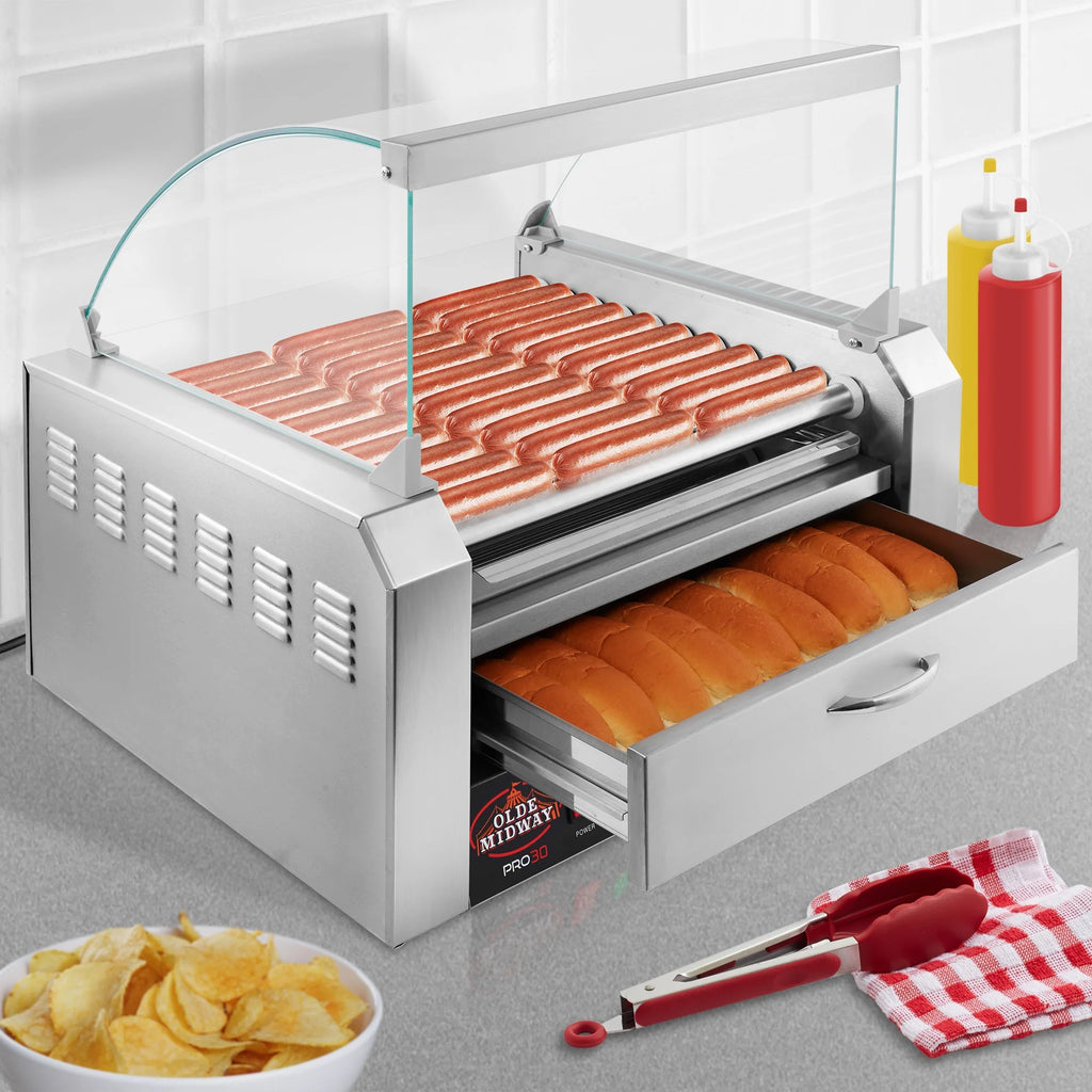 Electric Hot Dog Roller Machine with Cover, 11 Rollers, Bun Warming Drawer F7325