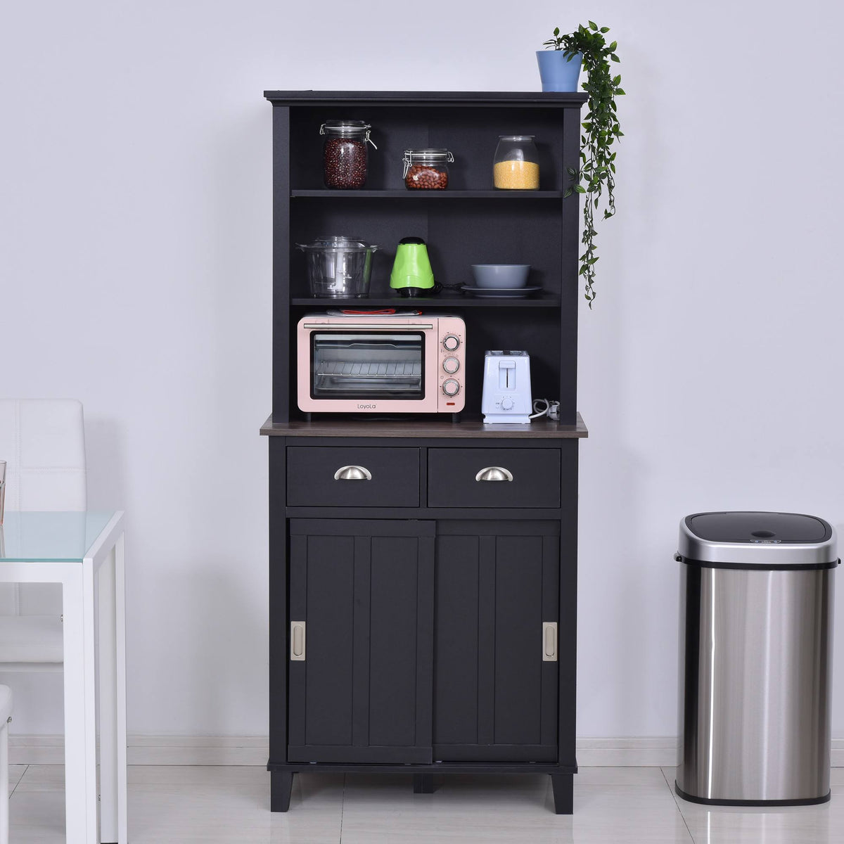 Black Freestanding Kitchen Pantry Cabinet with Sliding Doors and Open Shelves Y62543