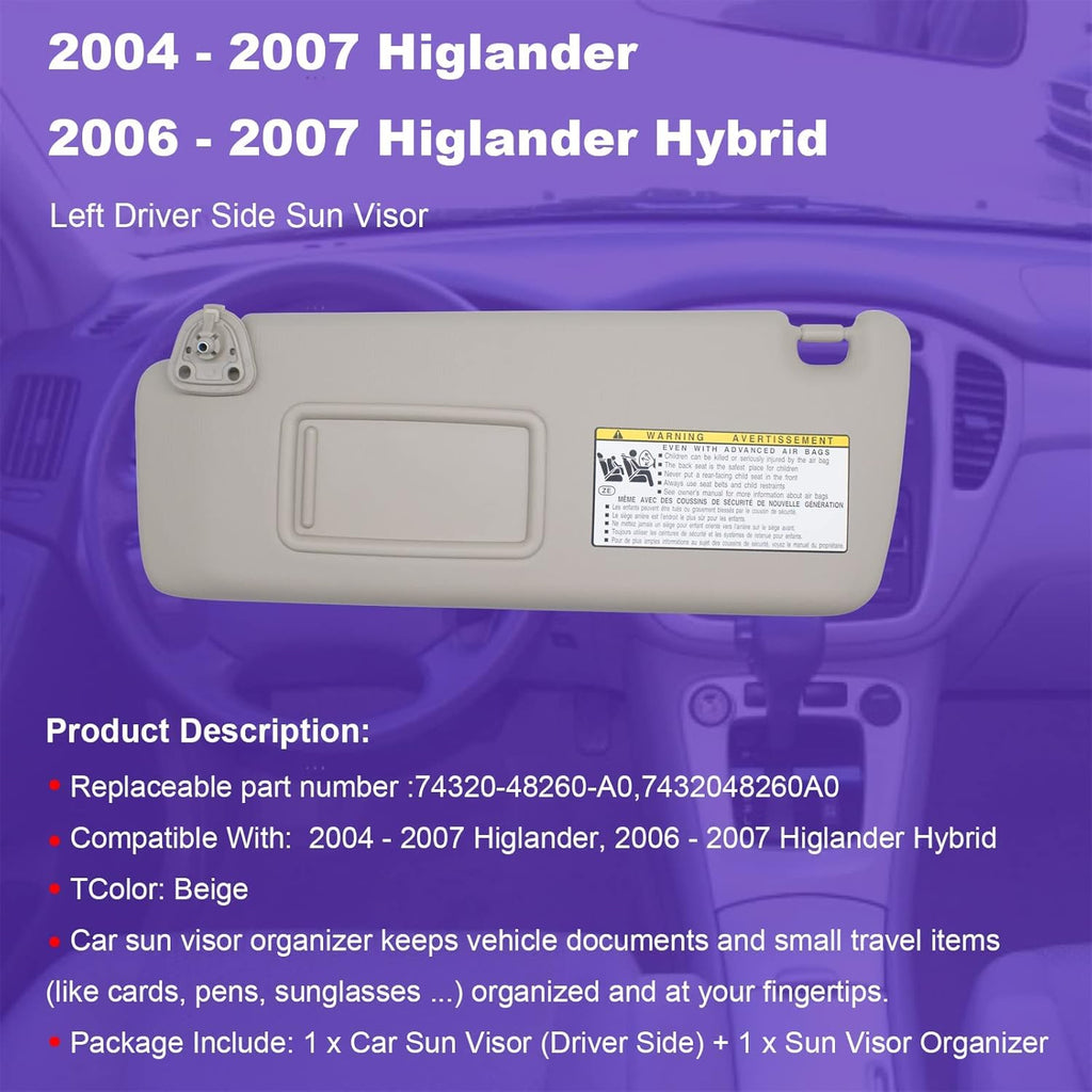 Beige Sun Visor Compatible Toyota Highlander 2004-2007 Pack of 2 G637607