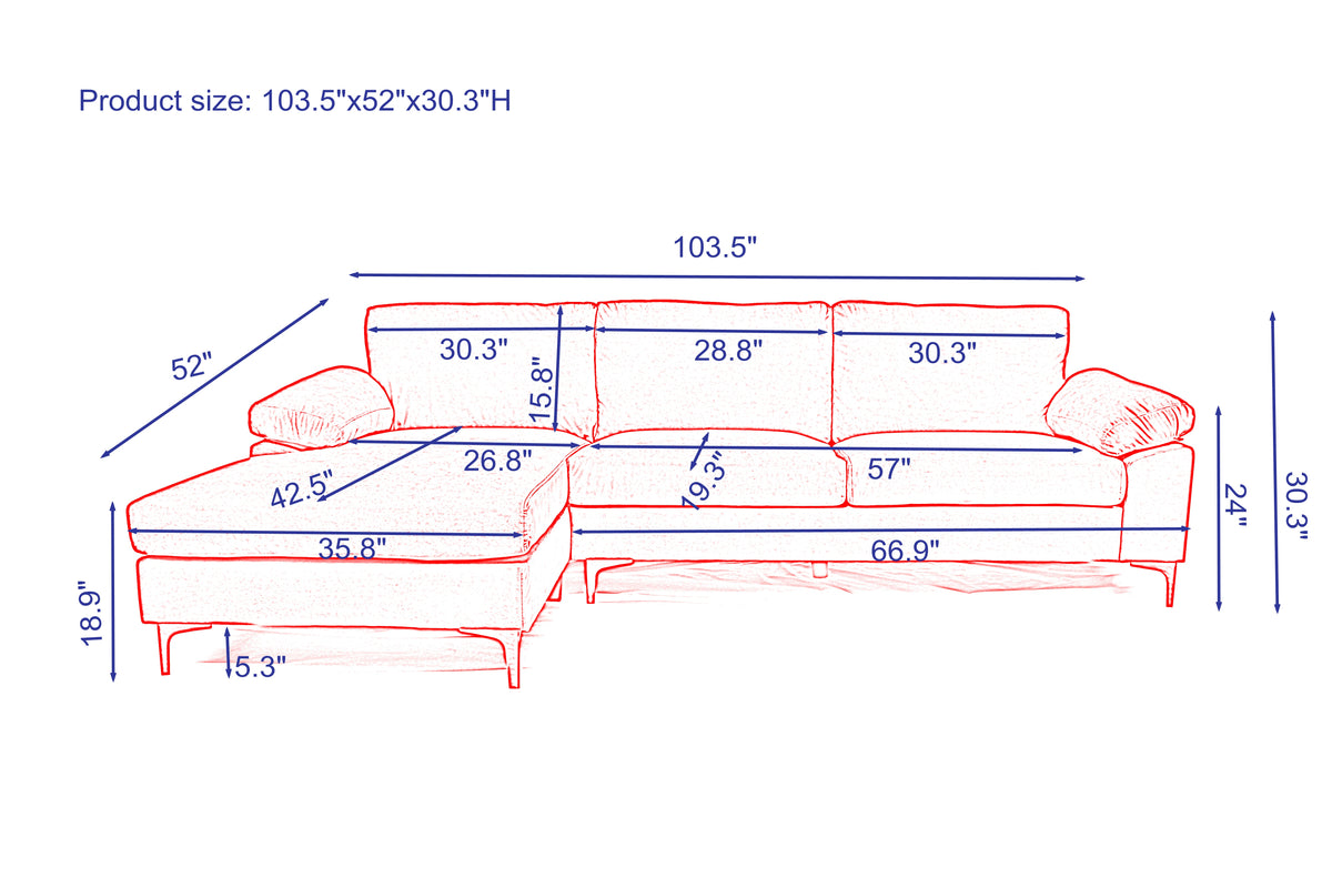 Grey Velvet Fabric 3-Seat L-Shape Sectional Sofa Couch Set with Chaise Lounge Z173772