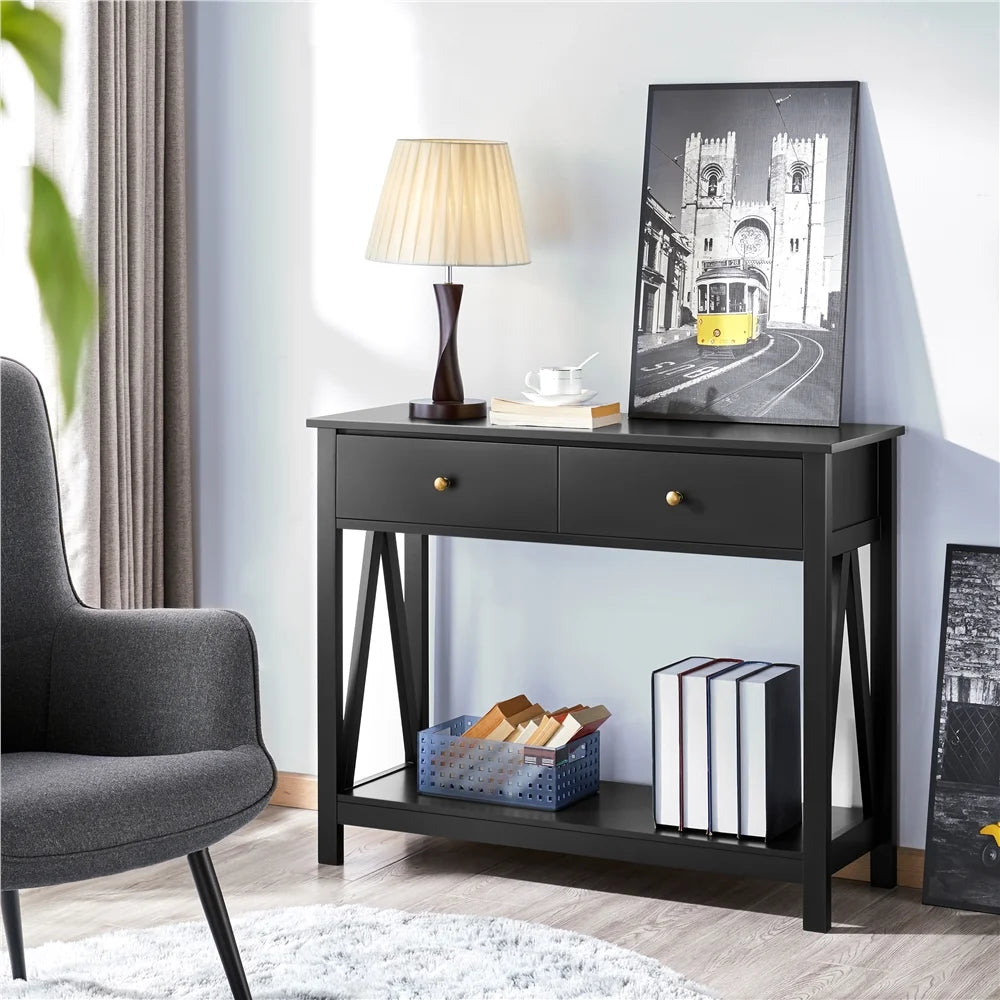 Black Wooden Console Table with Storage Drawer D405