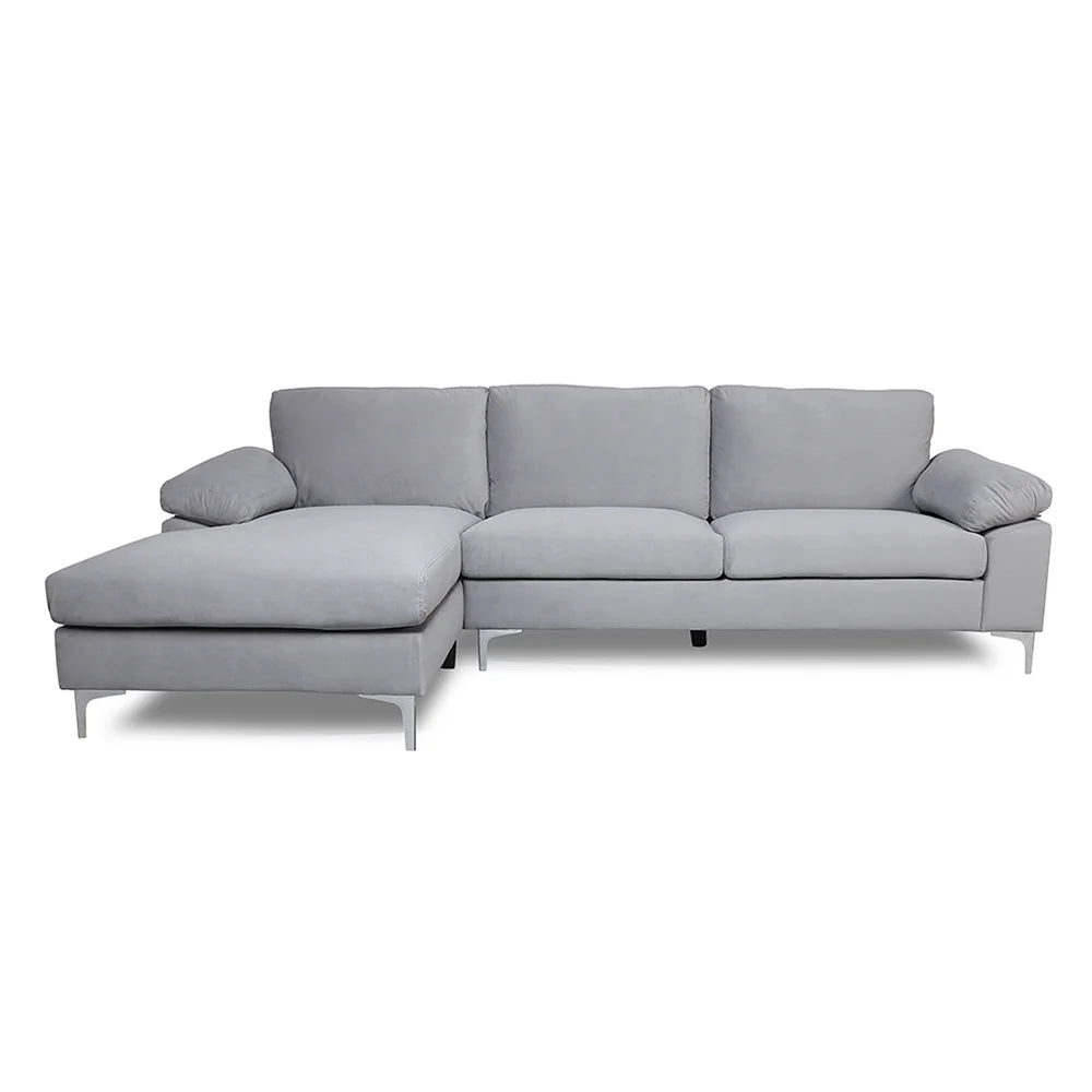 Grey Velvet Fabric 3-Seat L-Shape Sectional Sofa Couch Set with Chaise Lounge Z173772