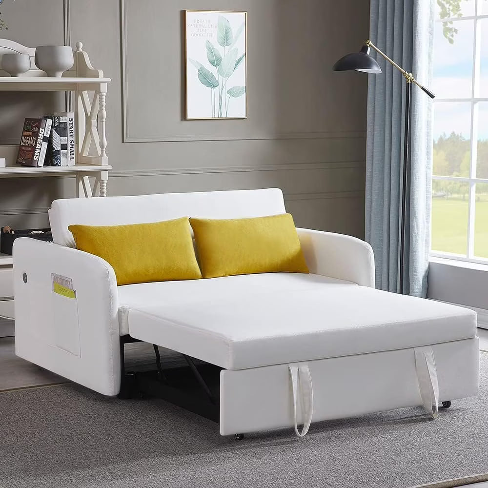 55.5" Pull Out Sleep Sofa Bed 2 Seater Loveseats Sofa Couch With Adjustable Backrest, USB Port Charging, 2 Lumbar Pillows Y3170