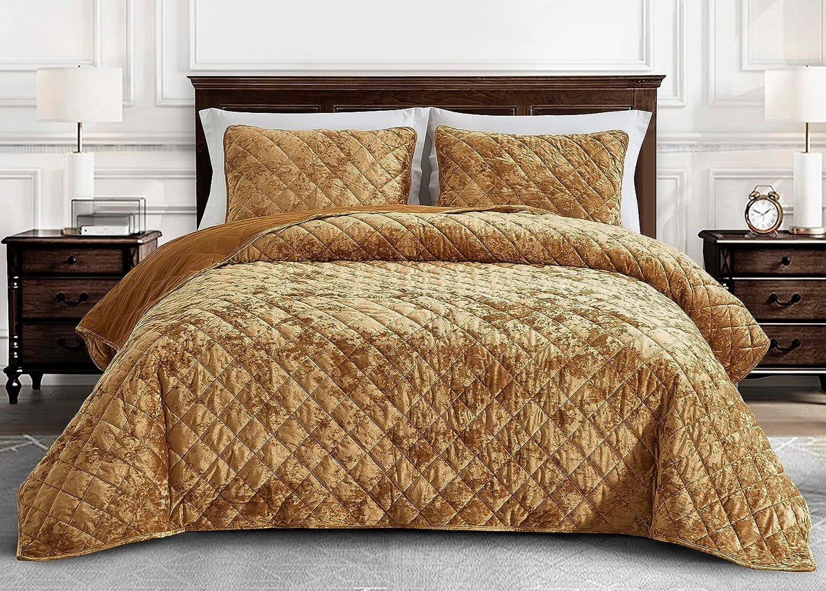King Size 3-Piece Velvet Quilt Set with Diamond Stitch Quilting E284