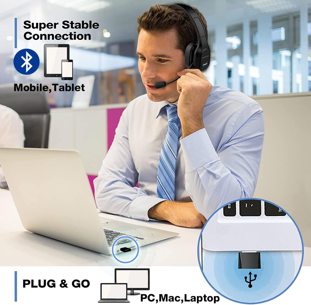 Wireless Headset with Microphone, Noise Canceling On-Ear Headphones with USB Dongle O6481