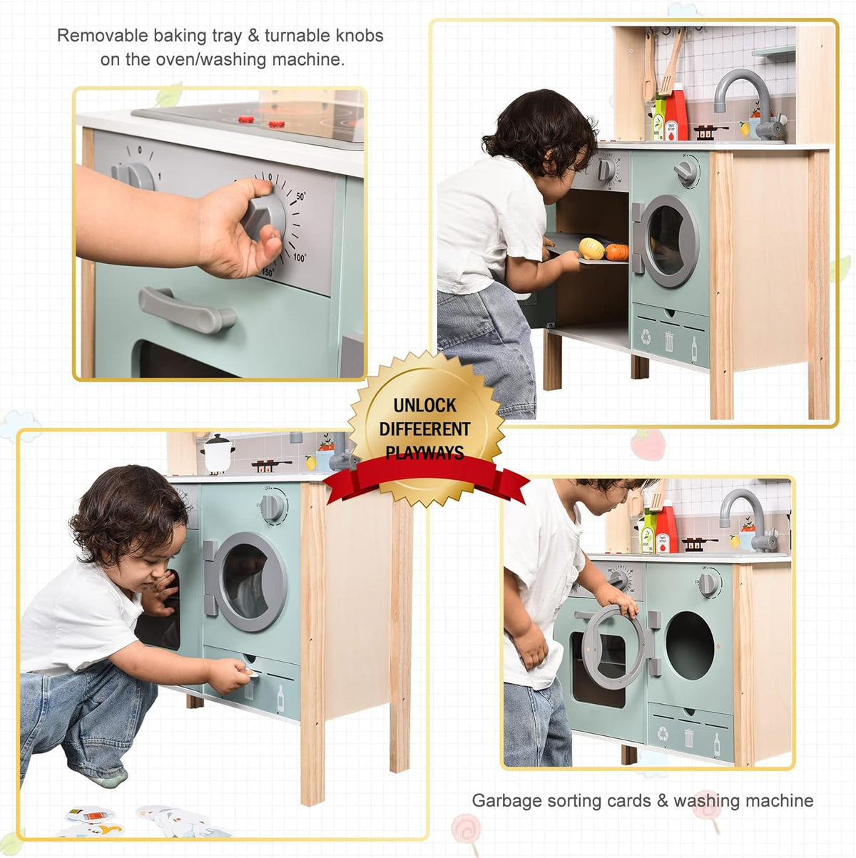 Wooden Play Kitchen with Lights & Sounds, Stove, Sink, Microwave Oven W7910