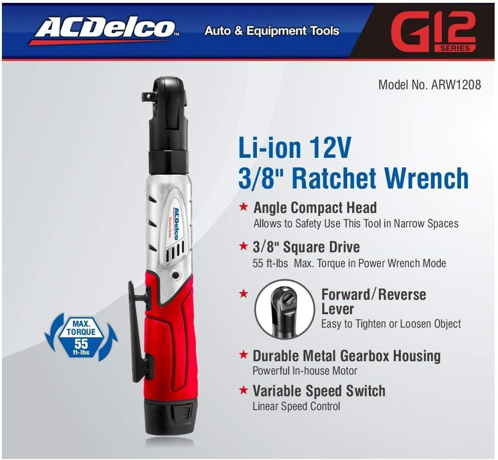 Cordless 3/8 Ratchet Wrench 12V Angled 55 ft-lb Tool Set with 1 Batteries and Carrying Case P688