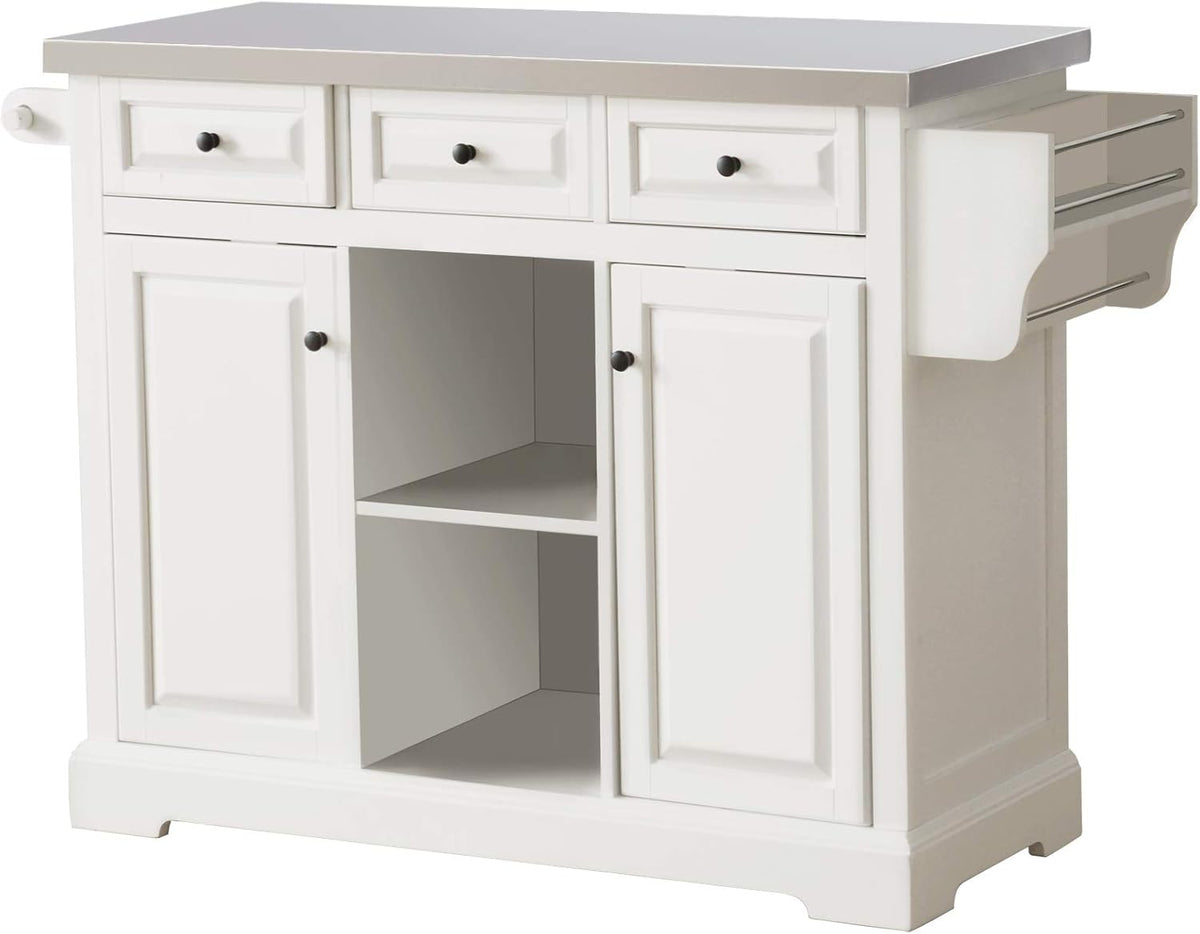 White Rolling Kitchen Island with Stainless Steel Top I25915