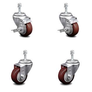 Set of 4 Polyurethane Swivel Threaded Stem Caster with 3 inch x 1.25 inch Maroon Wheels X26619