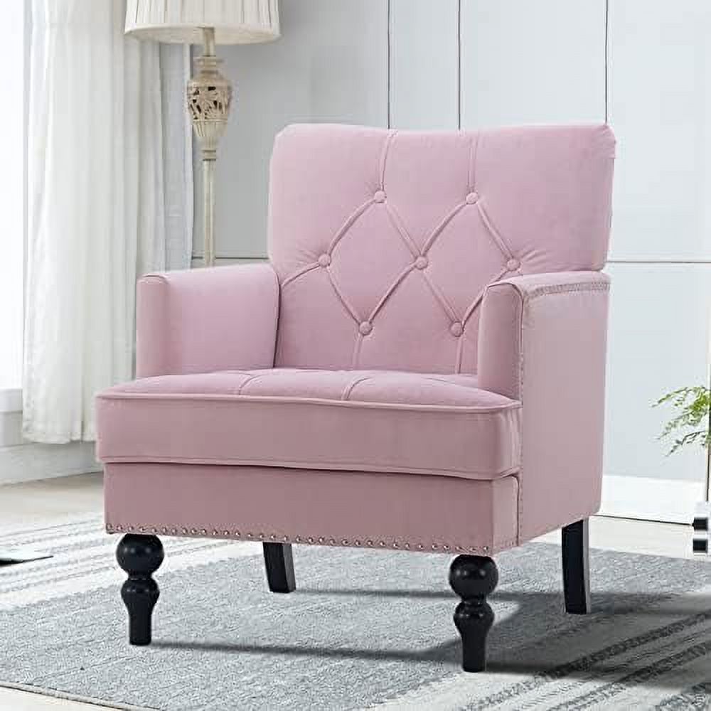 Pink Velvet Tufted Club Chair with Wooden Legs Z3694
