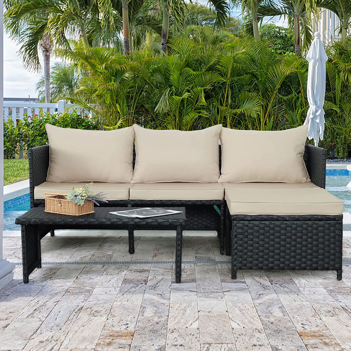 3-Piece Outdoor PE Rattan Patio Conversation Sofa Set G184984