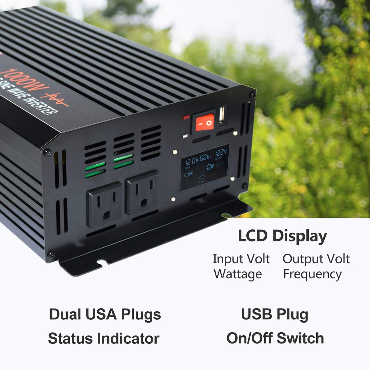 Power Inverter 1000W Pure Sine Wave 24v DC to AC 120v Peak 2000 Watt with LCD Display USB Charge Port Y792