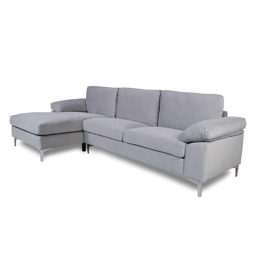 Grey Velvet Fabric 3-Seat L-Shape Sectional Sofa Couch Set with Chaise Lounge Z173772