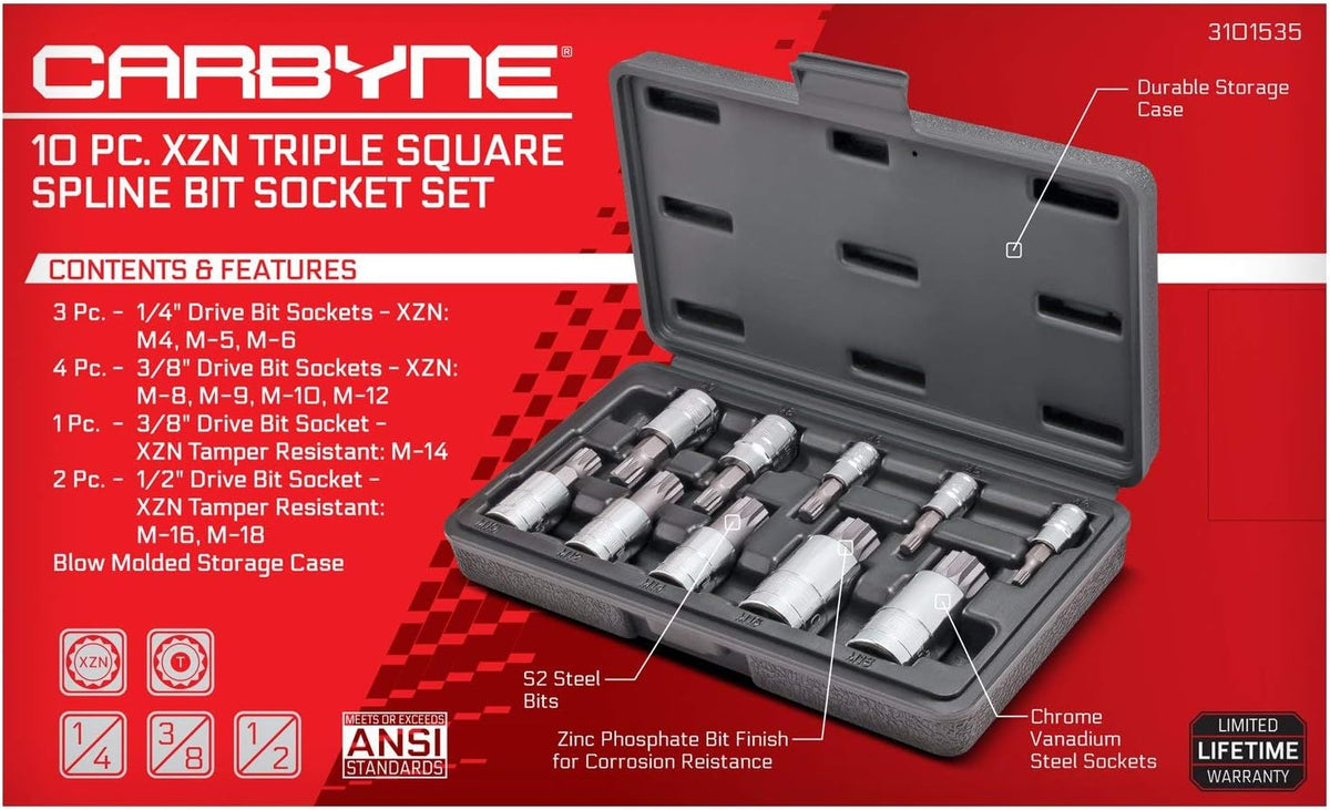 10 Piece XZN Spline Bit Socket Set, S2 Steel, Metric 4mm - 18mm R6114