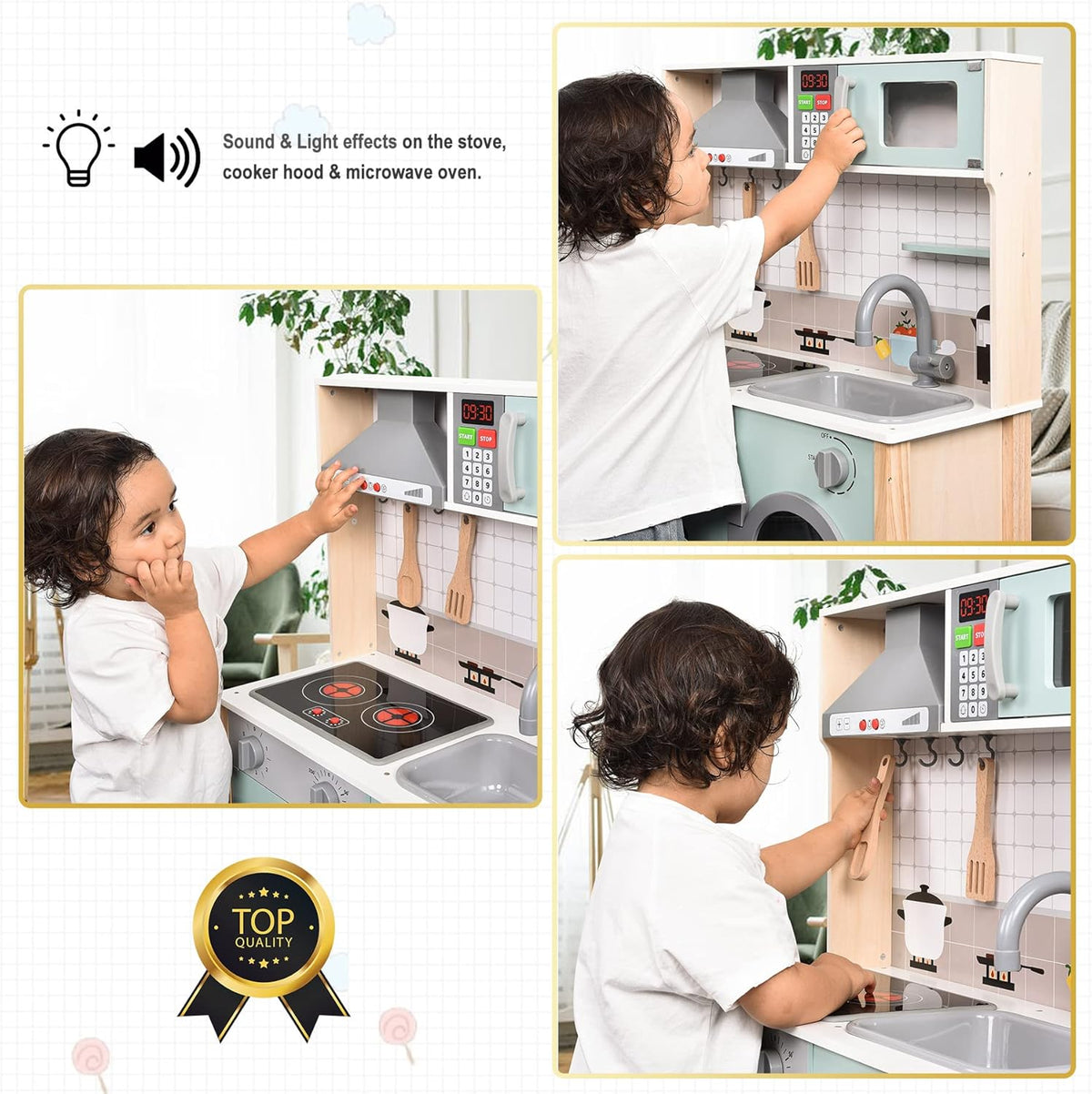Wooden Play Kitchen with Lights & Sounds, Stove, Sink, Microwave Oven W7910