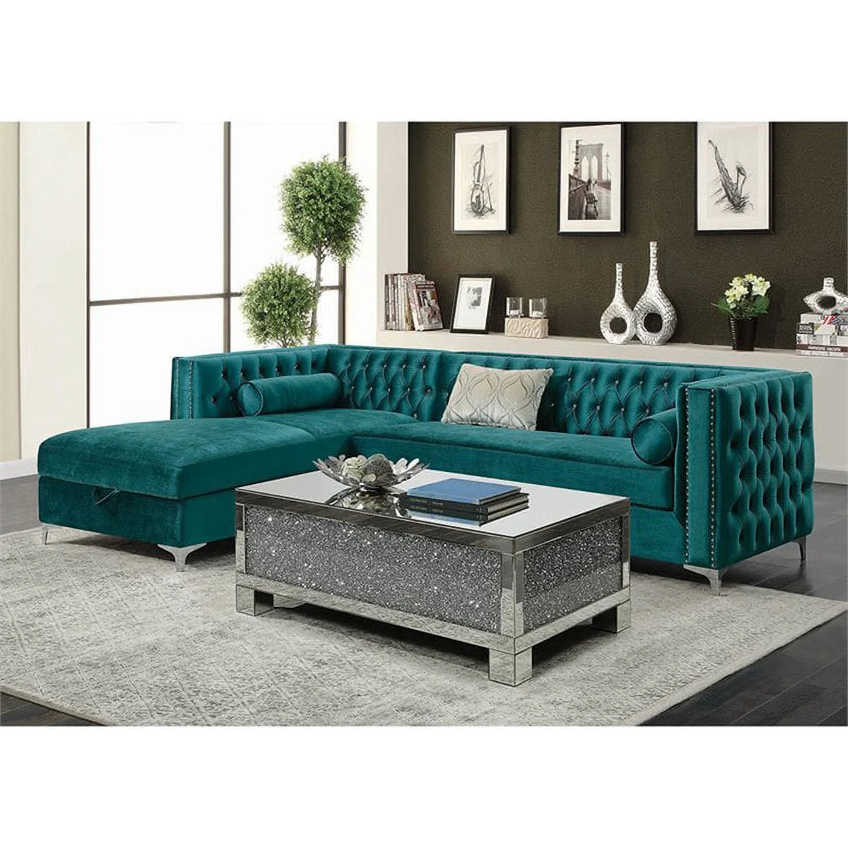Green Velvet Left Facing Storage Sectional F466794