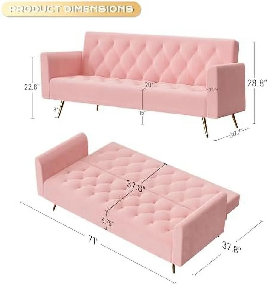 Velvet Futon Sofa Bed with 2 Pillows, 71 inch Y225443