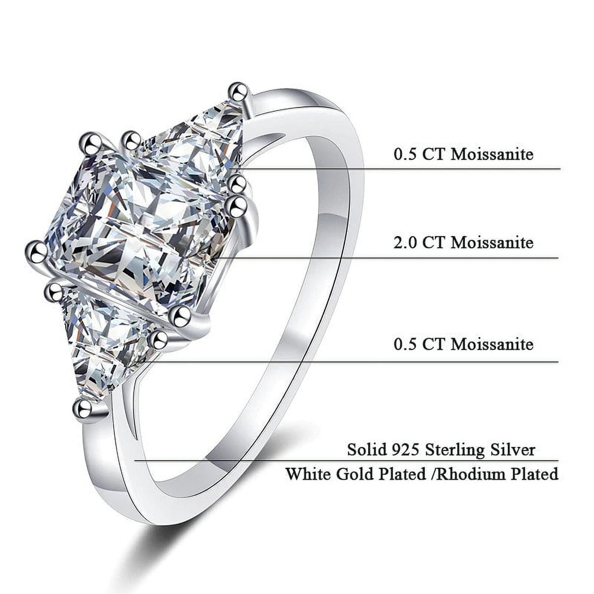 Emerald Cut Moissanite 3 Stone Ring 3 Carat Certified Wedding Ring U9775