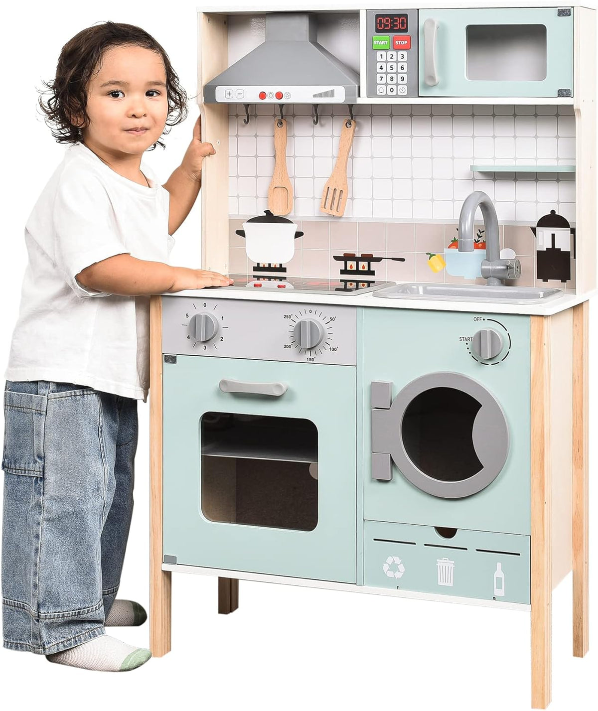 Wooden Play Kitchen with Lights & Sounds, Stove, Sink, Microwave Oven W7910
