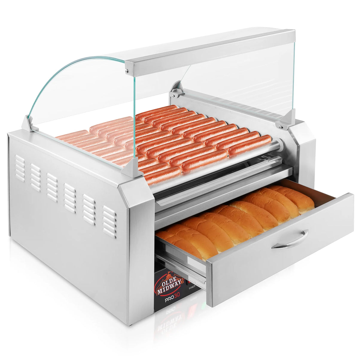 Electric Hot Dog Roller Machine with Cover, 11 Rollers, Bun Warming Drawer F7325