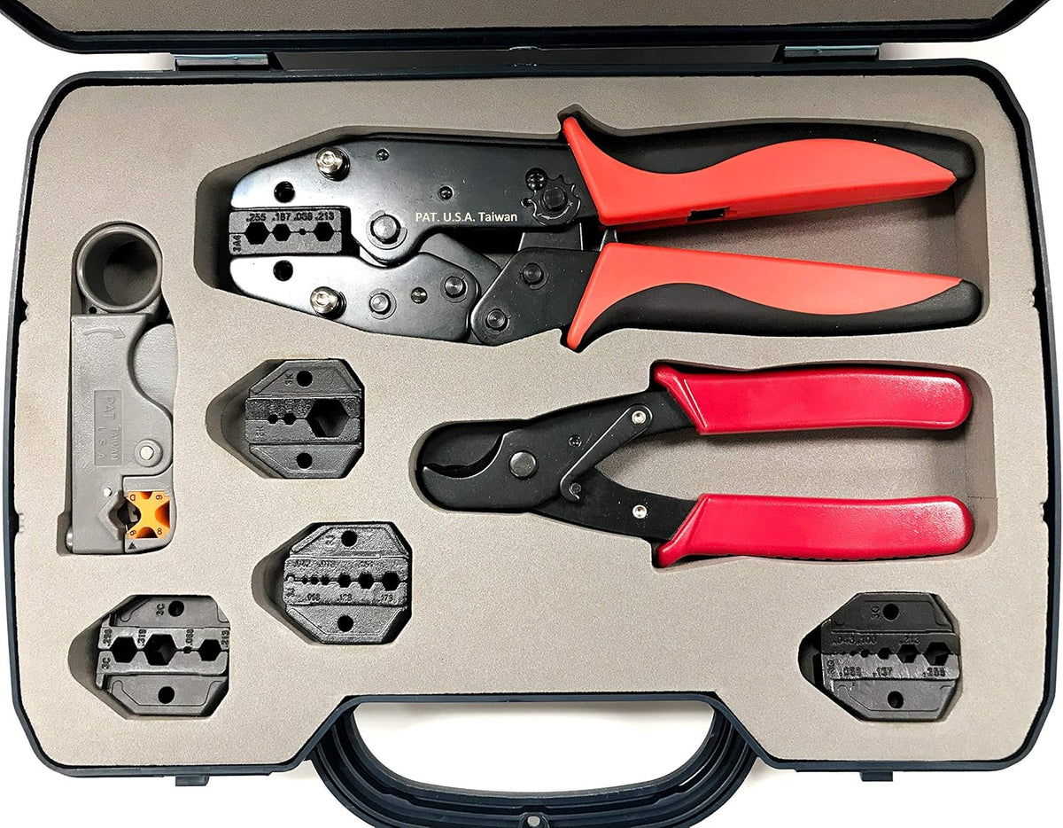 Heavy Duty Ratchet Crimping Tool Kit with Crimper Cutter Stripper and 4 Die Sets Pack of 2 W636
