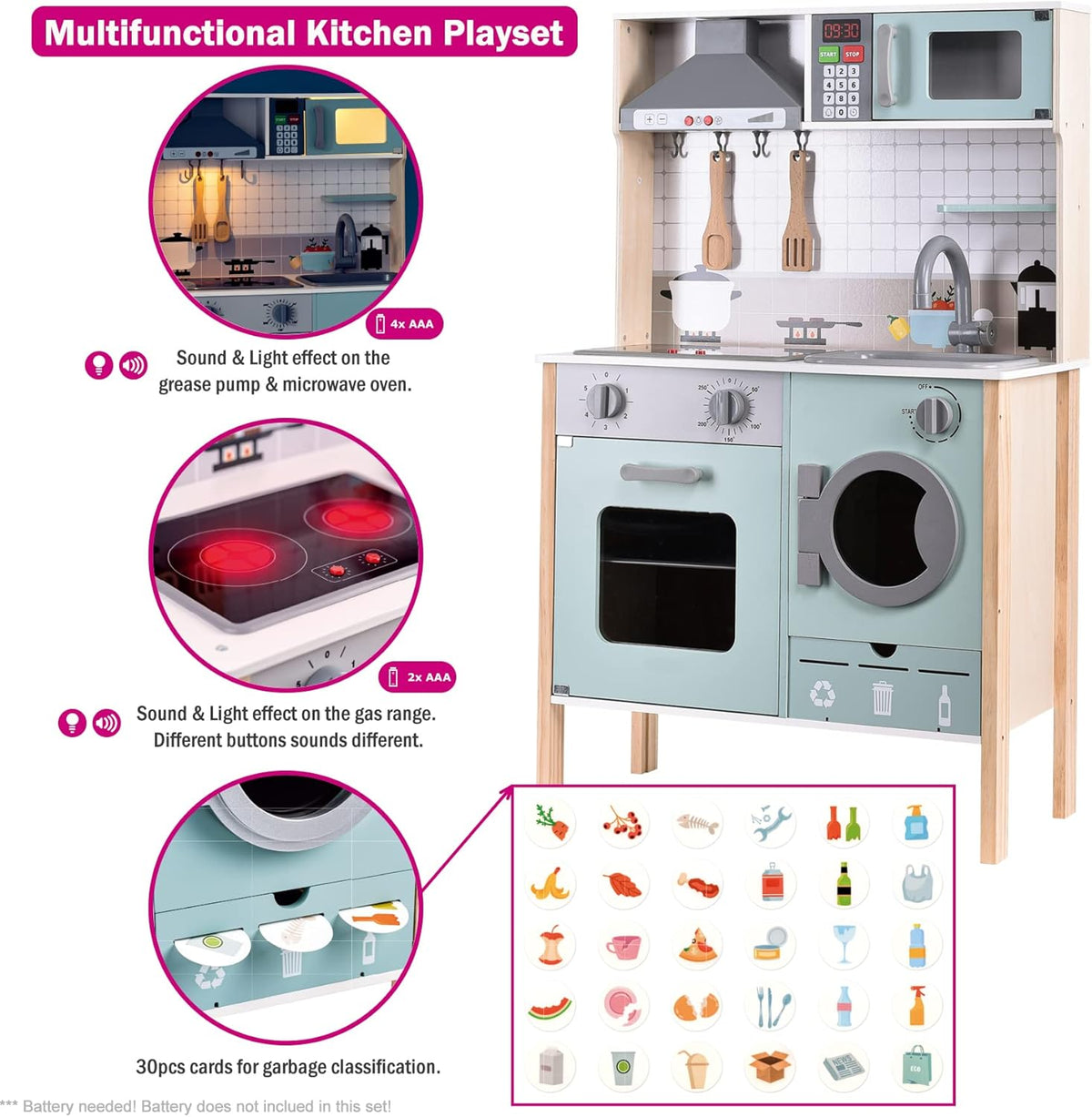 Wooden Play Kitchen with Lights & Sounds, Stove, Sink, Microwave Oven W7910