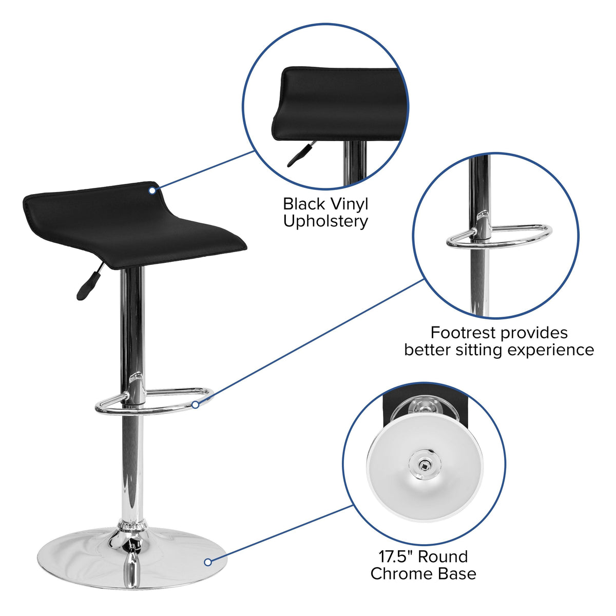 Black Vinyl Adjustable Height Barstool with Chrome Base A67257