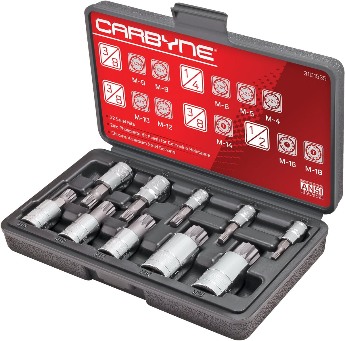 10 Piece XZN Spline Bit Socket Set, S2 Steel, Metric 4mm - 18mm R6114