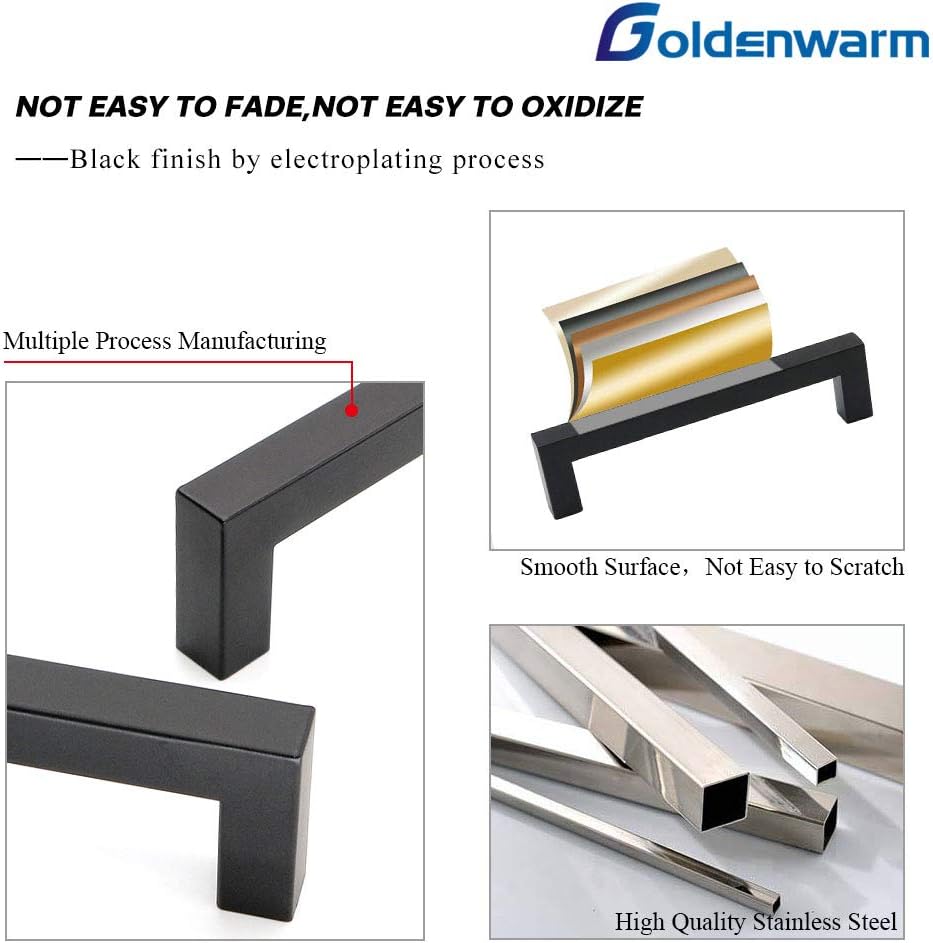10 Pack Black Square Bar Cabinet Pull Drawer Handle Stainless Steel, Center to Center 6-1/4in (160mm) G935