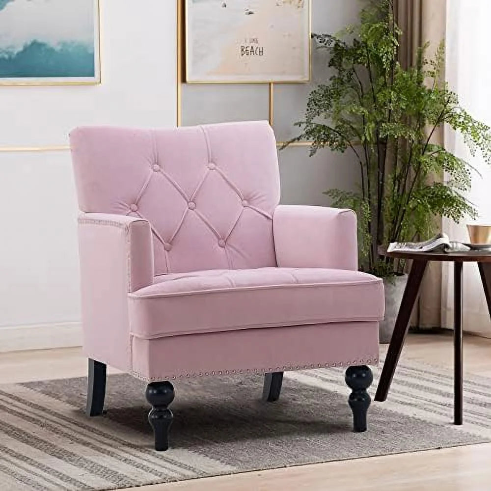 Pink Velvet Tufted Club Chair with Wooden Legs Z3694