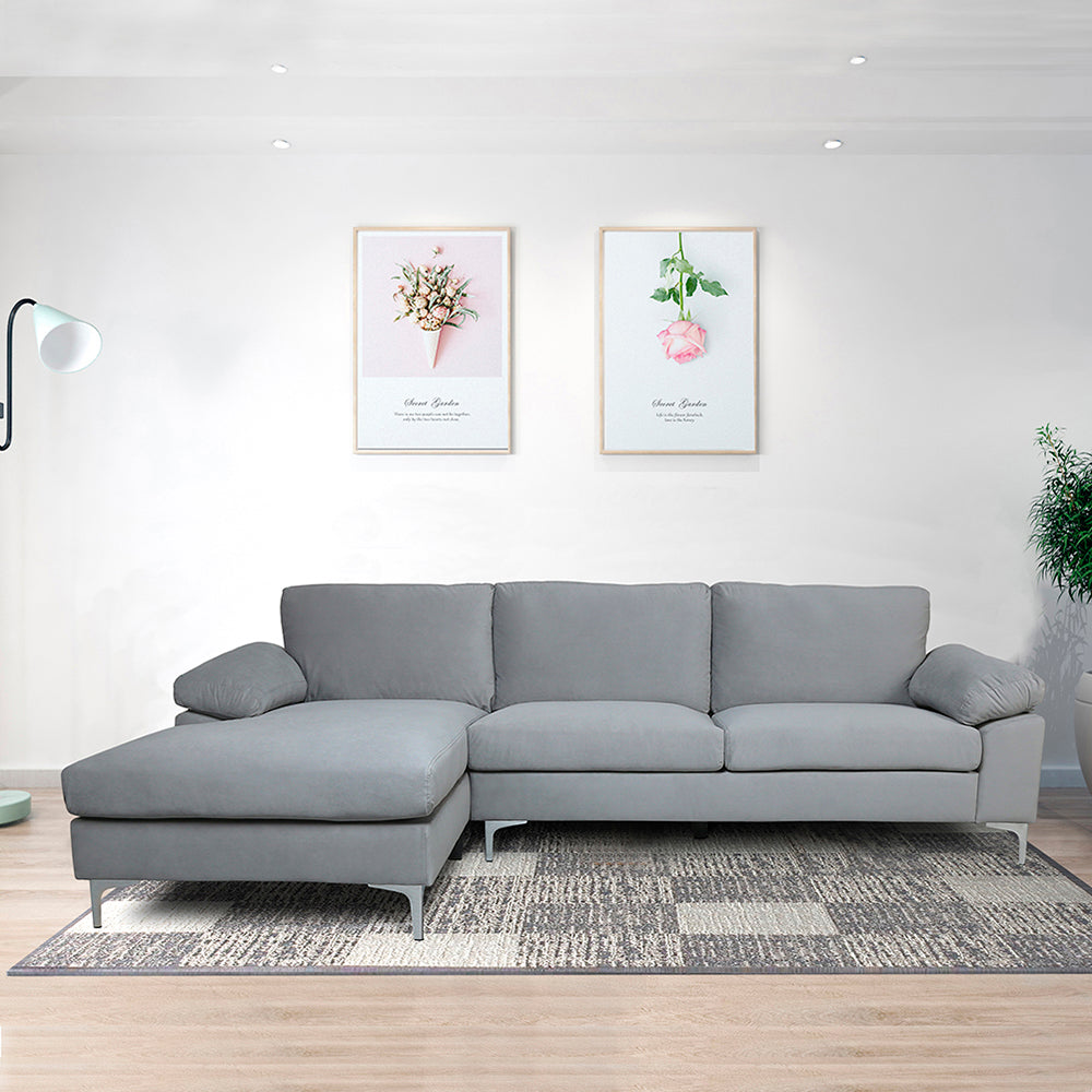 Grey Velvet Fabric 3-Seat L-Shape Sectional Sofa Couch Set with Chaise Lounge Z173772