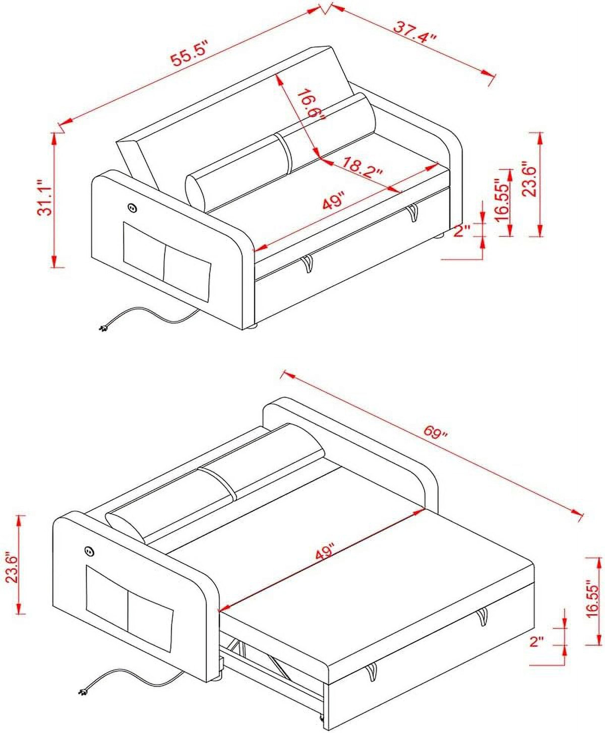 55.5" Pull Out Sleep Sofa Bed 2 Seater Loveseats Sofa Couch With Adjustable Backrest, USB Port Charging, 2 Lumbar Pillows Y3170