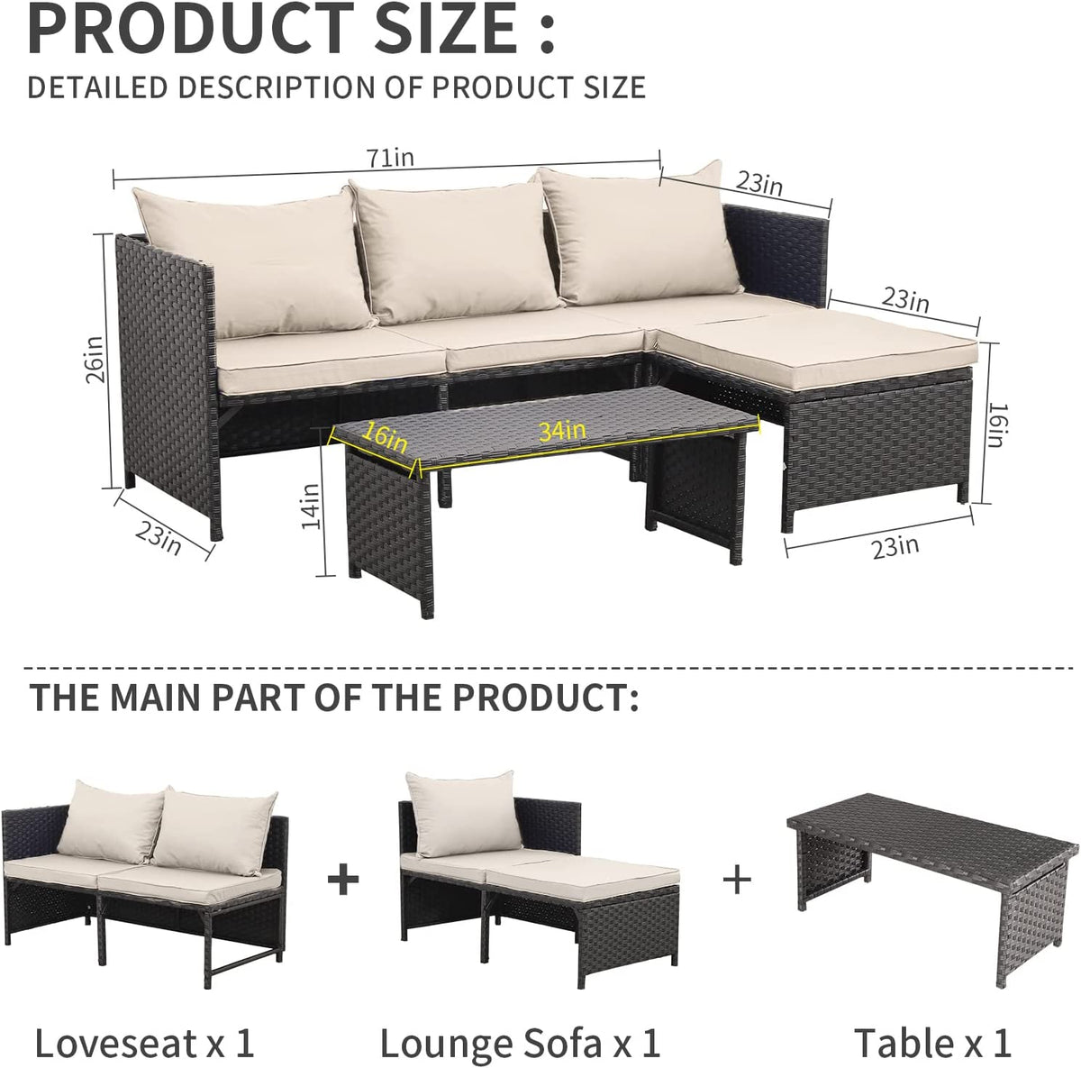 3-Piece Outdoor PE Rattan Patio Conversation Sofa Set G184984