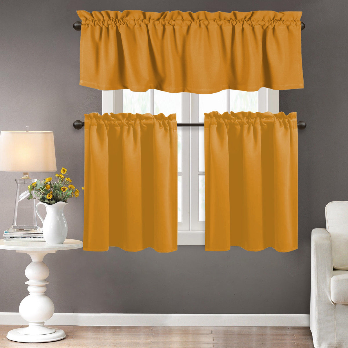 Mustard Yellow 100% Cotton Kitchen Curtain Valance Set 3 Pack H8234