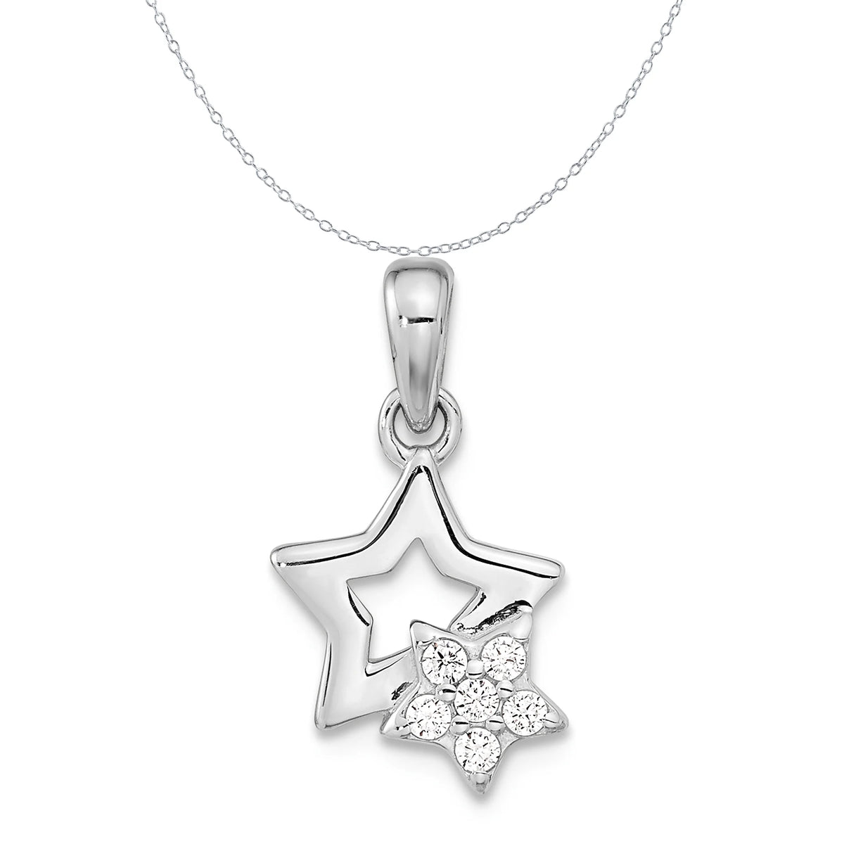Sterling Silver Rhodium-Plated CZ Star Charm Pendant with Cable Chain Necklace 18'' R217182