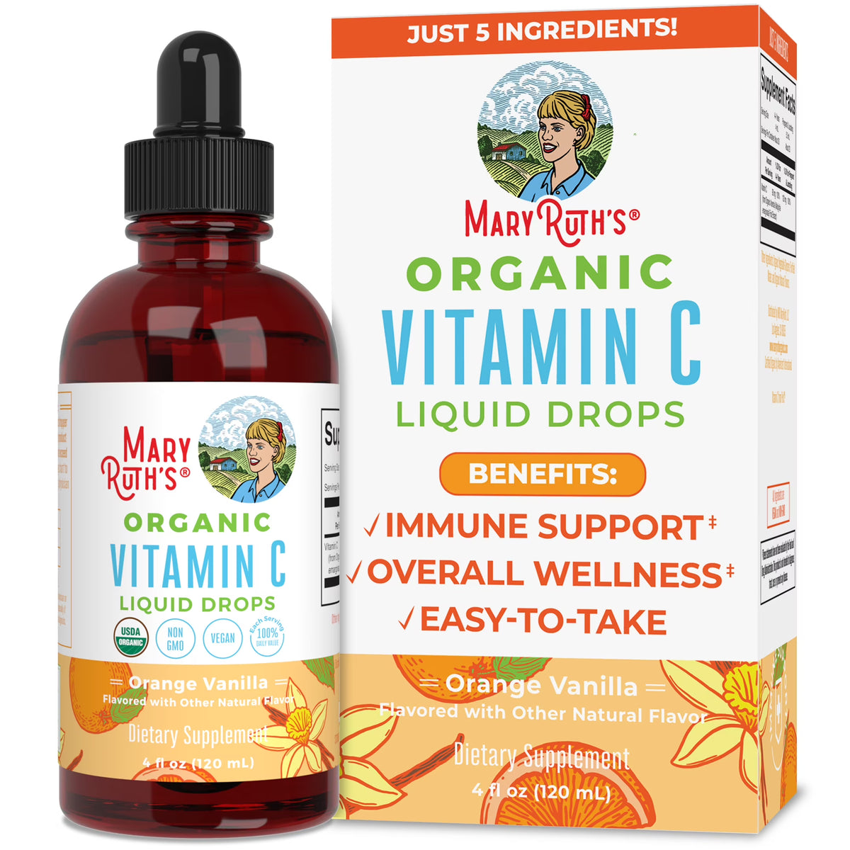 USDA Organic Vitamin C Liquid Drops Orange Vanilla Flavor Vegan Non-GMO 4 fl oz U470