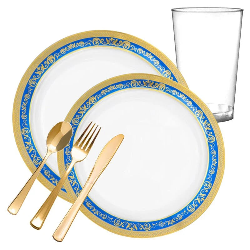 60 Settings White Blue Gold Royal Rim Plastic Wedding Value Set N8191