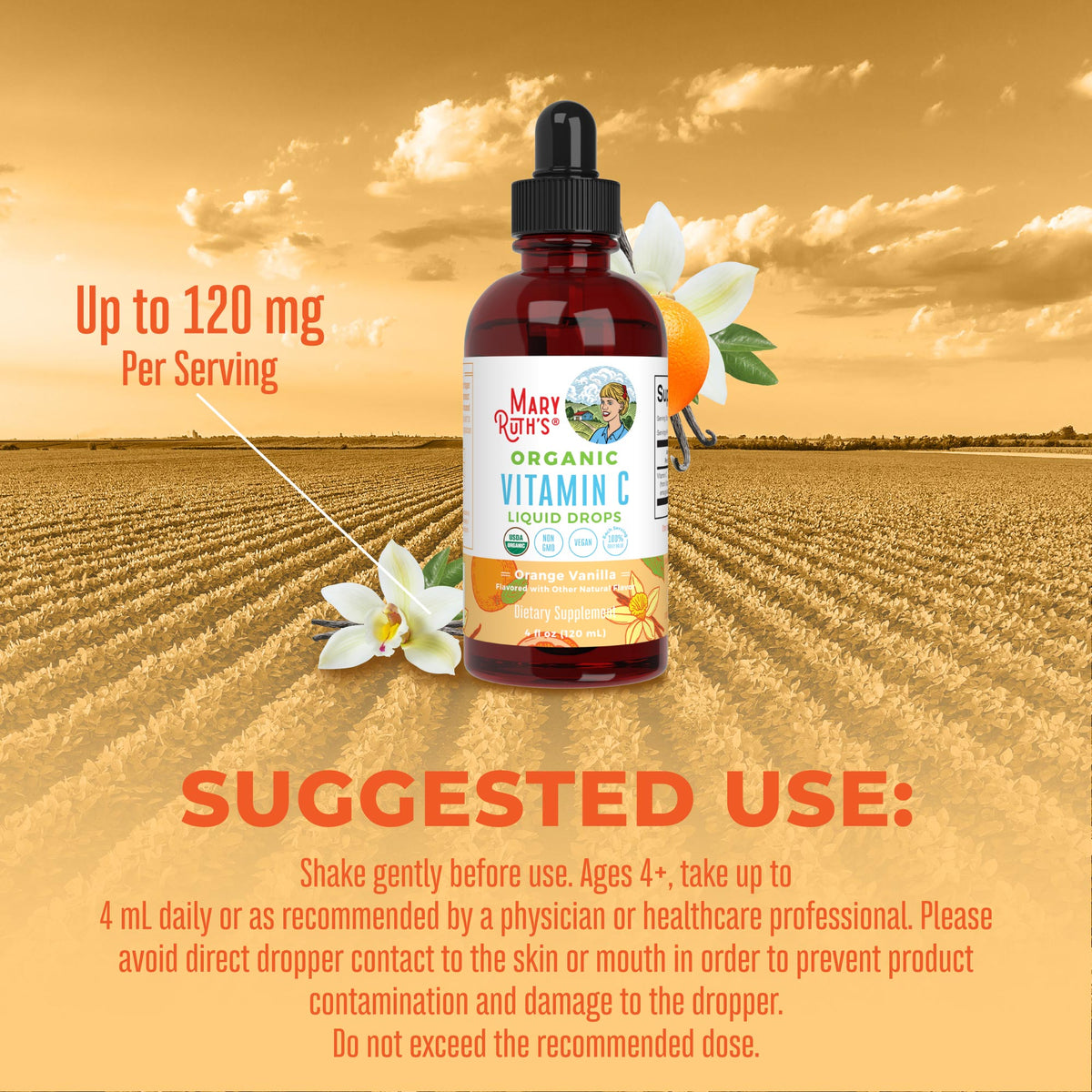 USDA Organic Vitamin C Liquid Drops Orange Vanilla Flavor Vegan Non-GMO 4 fl oz U470