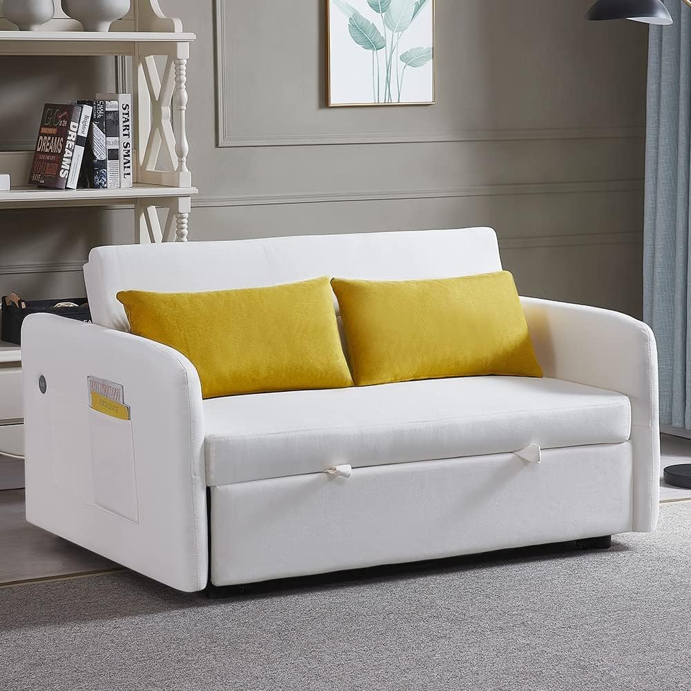 55.5" Pull Out Sleep Sofa Bed 2 Seater Loveseats Sofa Couch With Adjustable Backrest, USB Port Charging, 2 Lumbar Pillows Y3170