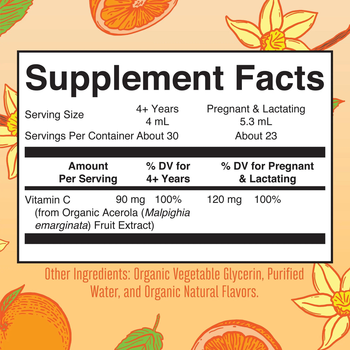 USDA Organic Vitamin C Liquid Drops Orange Vanilla Flavor Vegan Non-GMO 4 fl oz U470