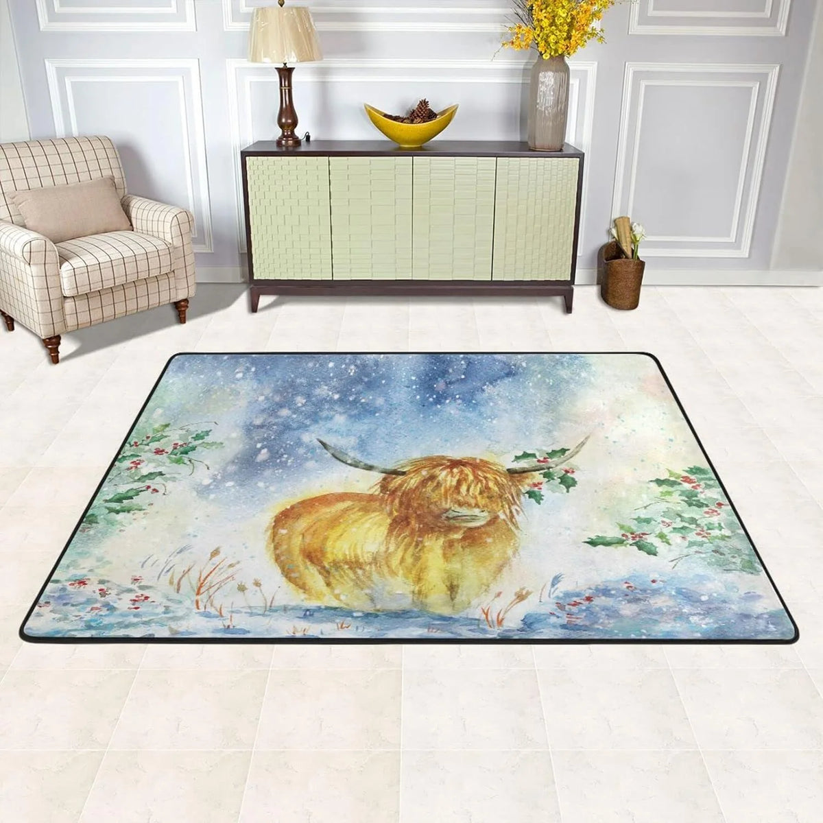Watercolor Highland Cow Non-Slip Area Rug, 36"×24" O38659
