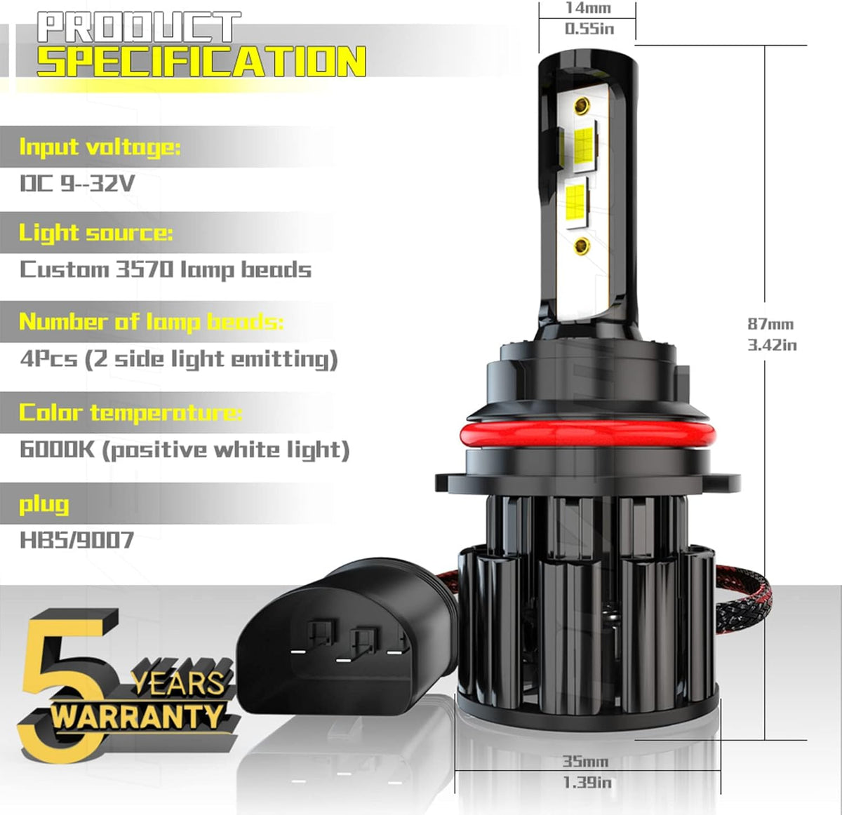 9007 LED Headlight Bulb Kit, 60W 10000LM 6000K Cool White, IP67, Pack of 2 I141
