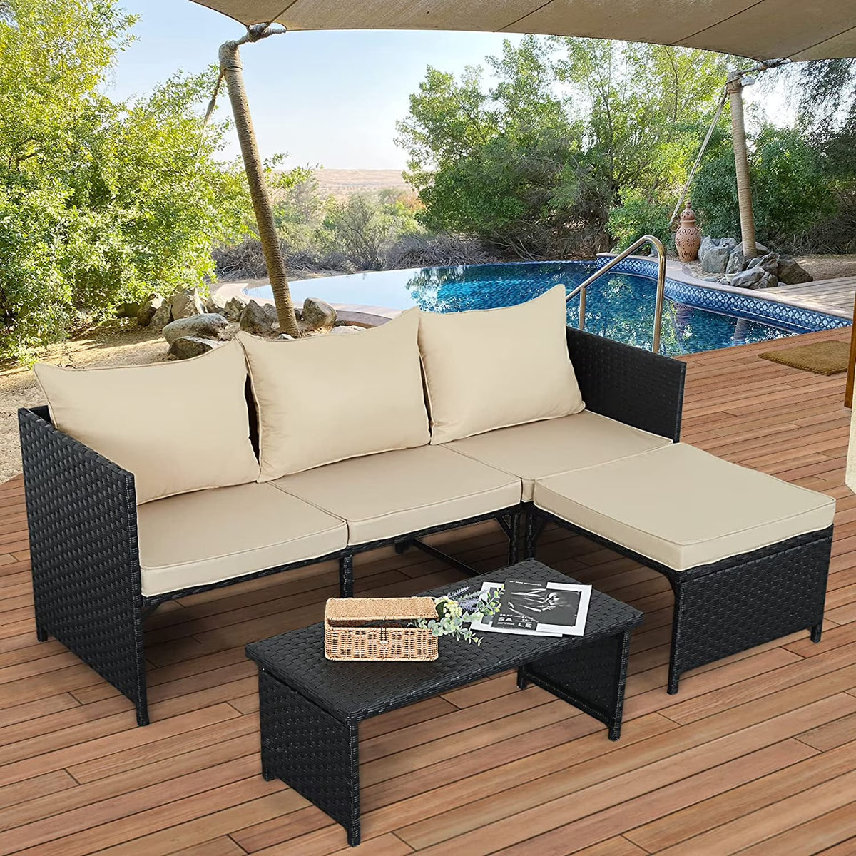 3-Piece Outdoor PE Rattan Patio Conversation Sofa Set G184984