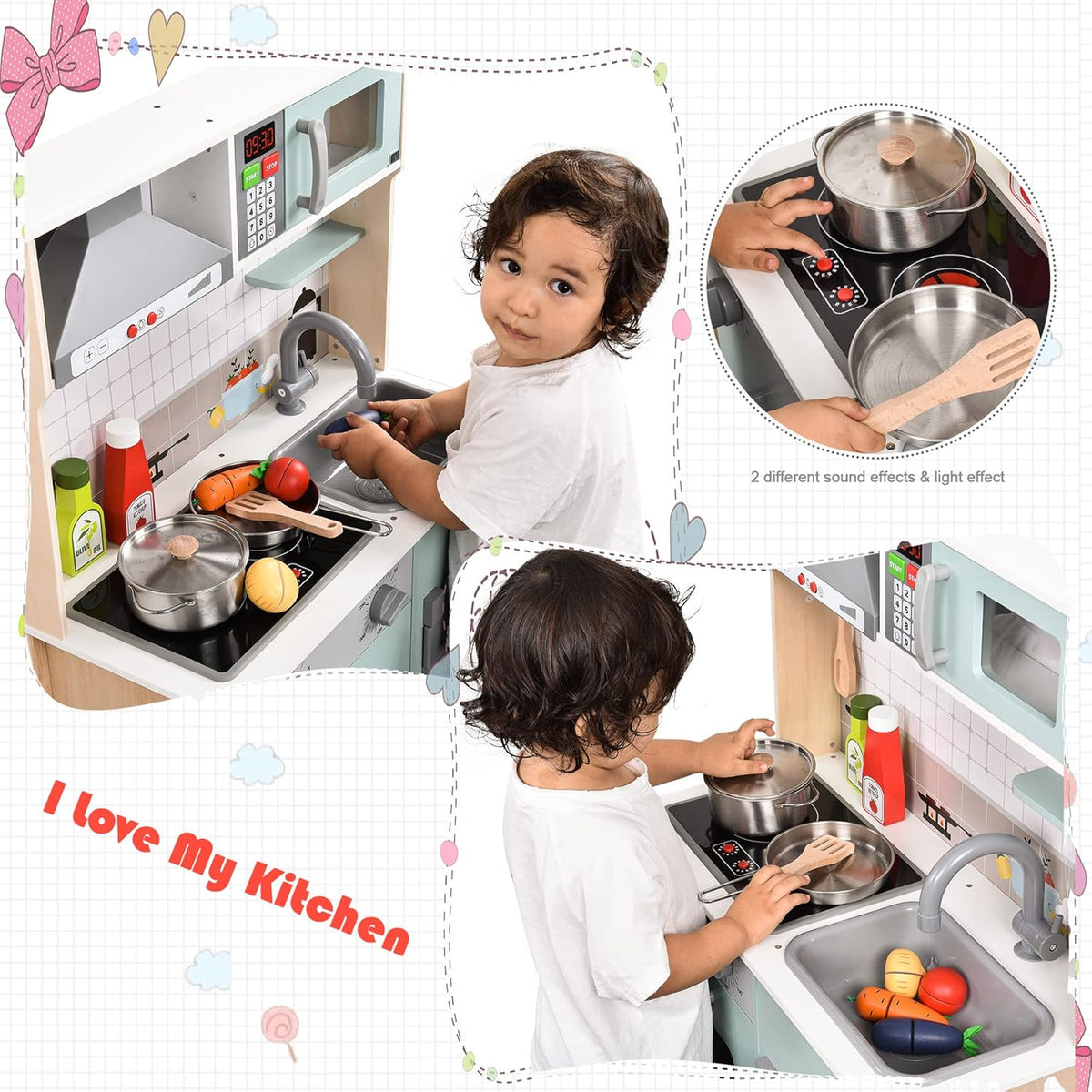 Wooden Play Kitchen with Lights & Sounds, Stove, Sink, Microwave Oven W7910