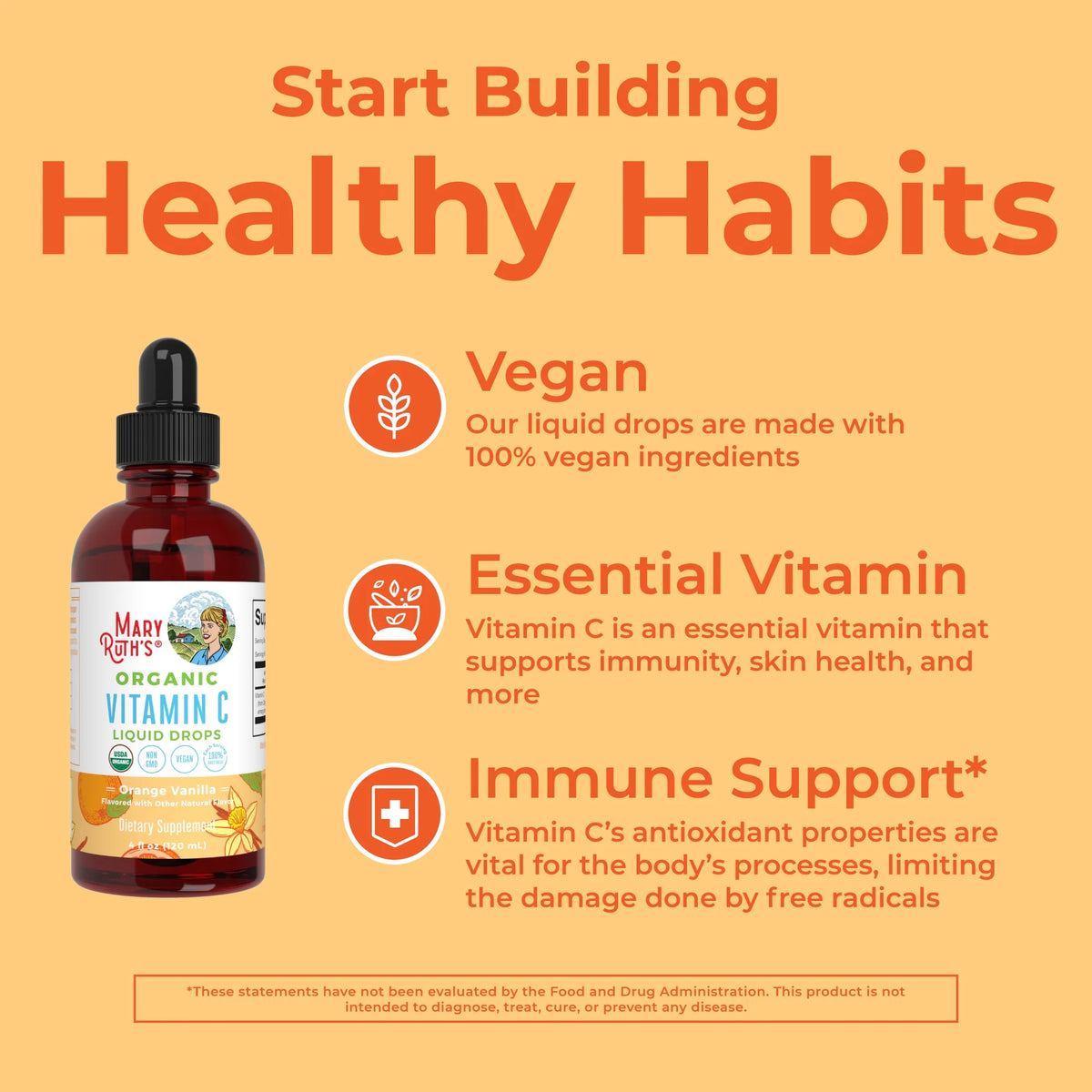 USDA Organic Vitamin C Liquid Drops Orange Vanilla Flavor Vegan Non-GMO 4 fl oz U470